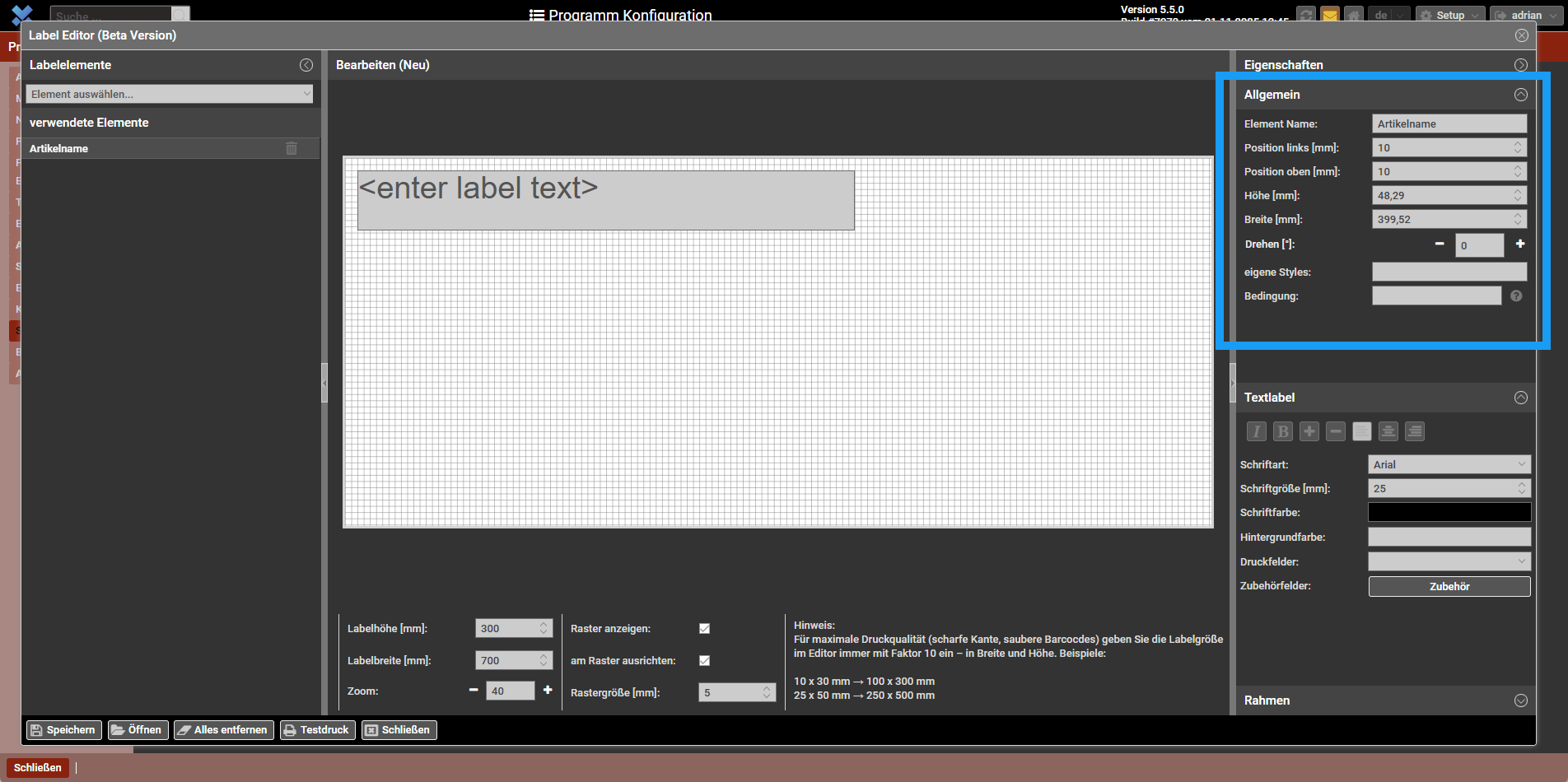 Das Textlabel für dynamische Daten