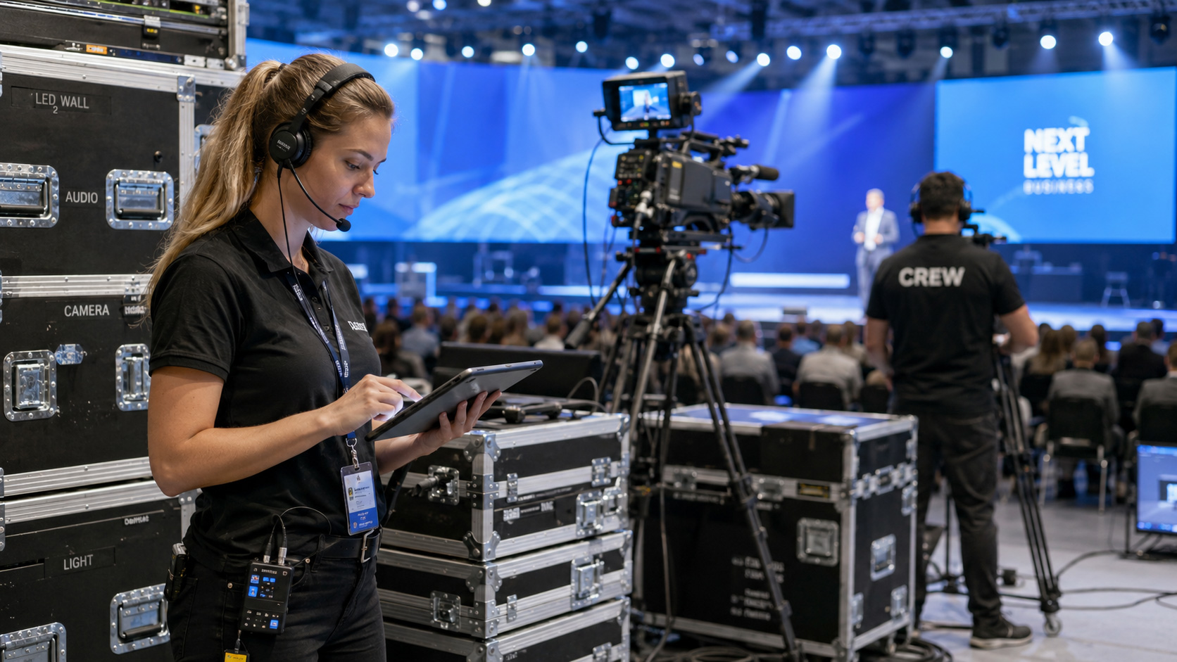 Mitarbeiterin plant AV- und Broadcast-Equipment mit Eventworx bei einer Veranstaltung