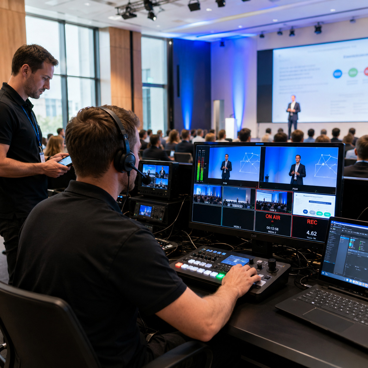Regieplatz für eine Live-Produktion mit Kameras, Monitoren und Broadcast-Technik