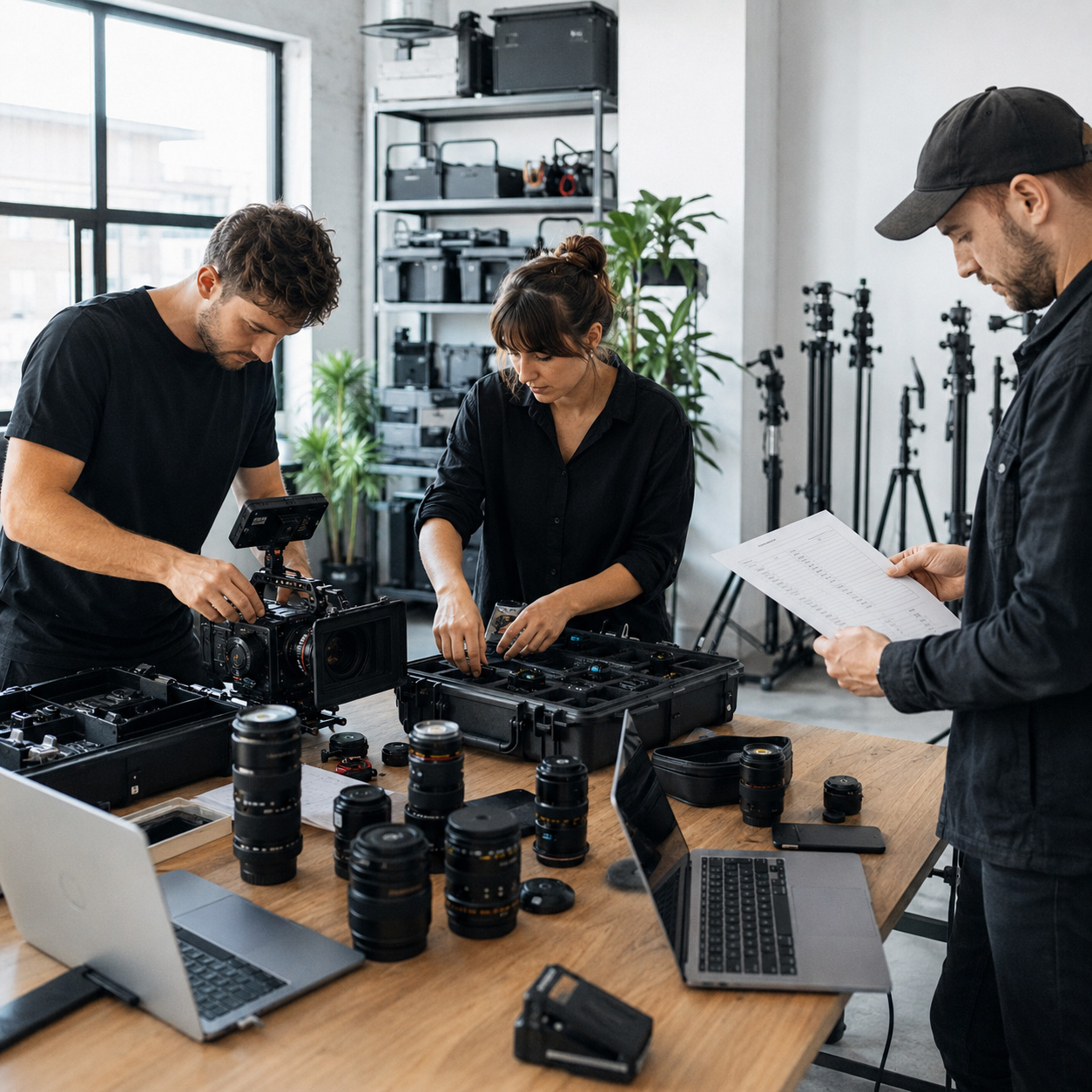 Team bereitet Kamera-Equipment und Objektive für eine Medienproduktion vor