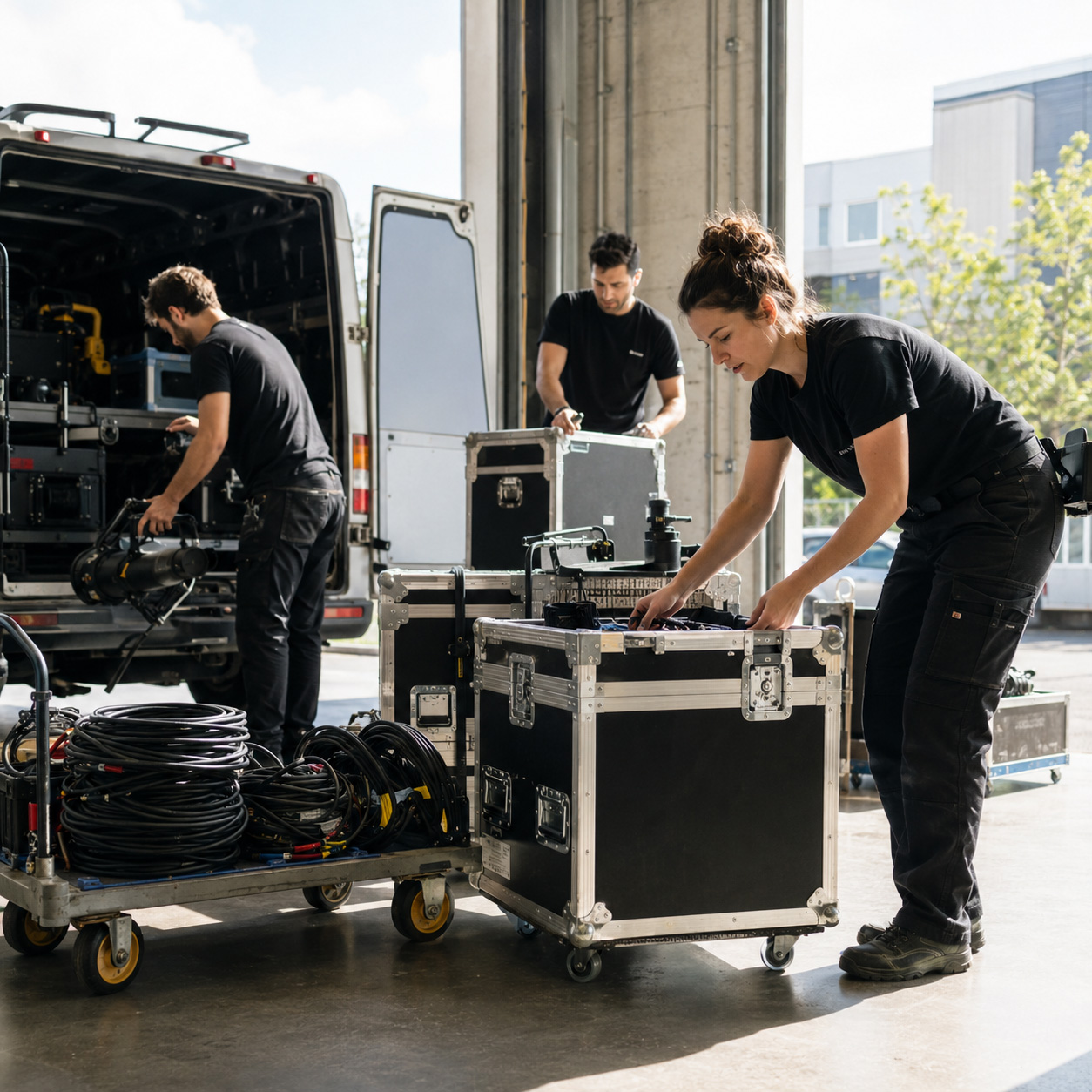 Veranstaltungstechnik-Team lädt Cases und AV-Equipment für einen Einsatz