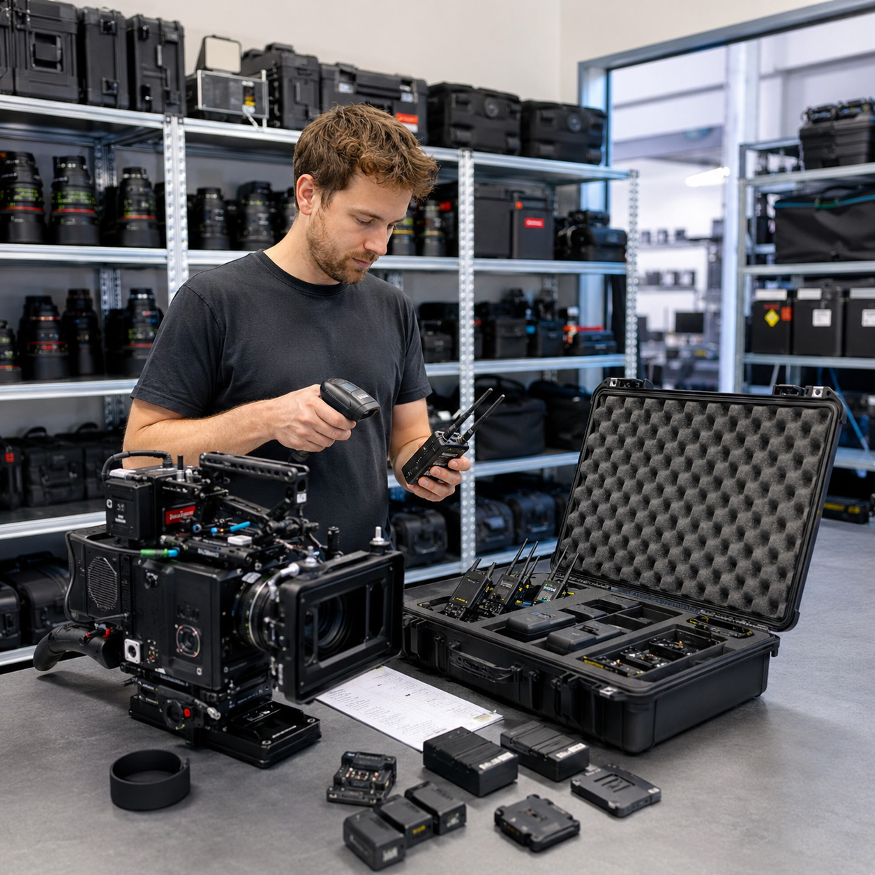Techniker scannt Broadcast-Equipment und Kamerazubehör im Lager
