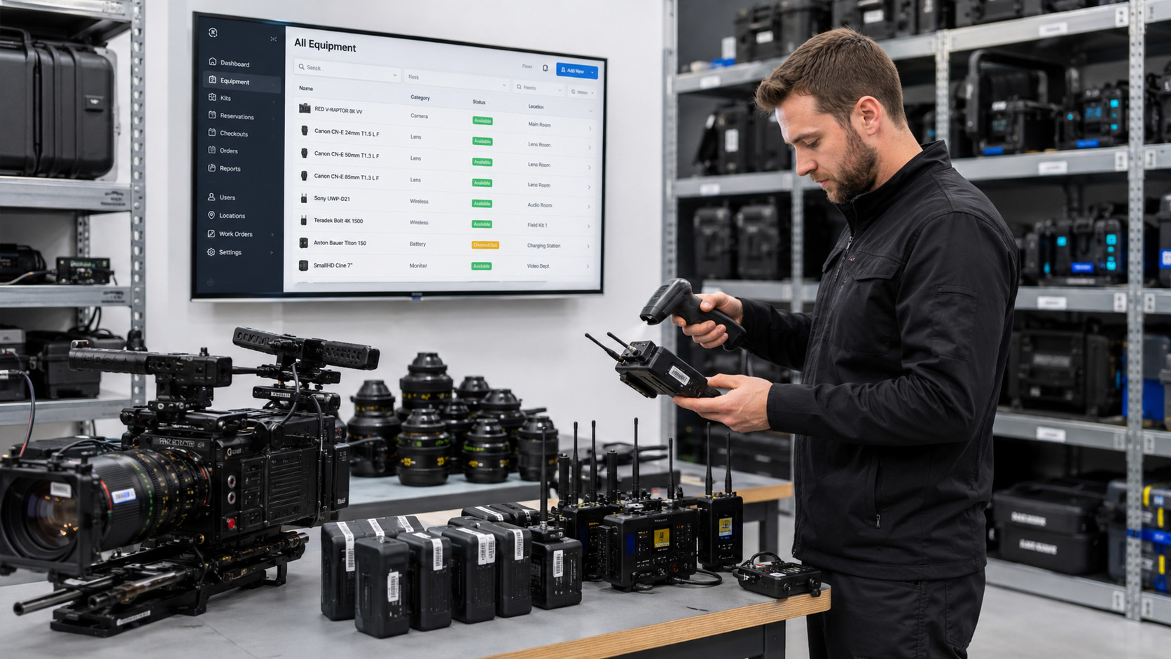 AV-Techniker scannt Geräte und Seriennummern zur Verwaltung in Eventworx