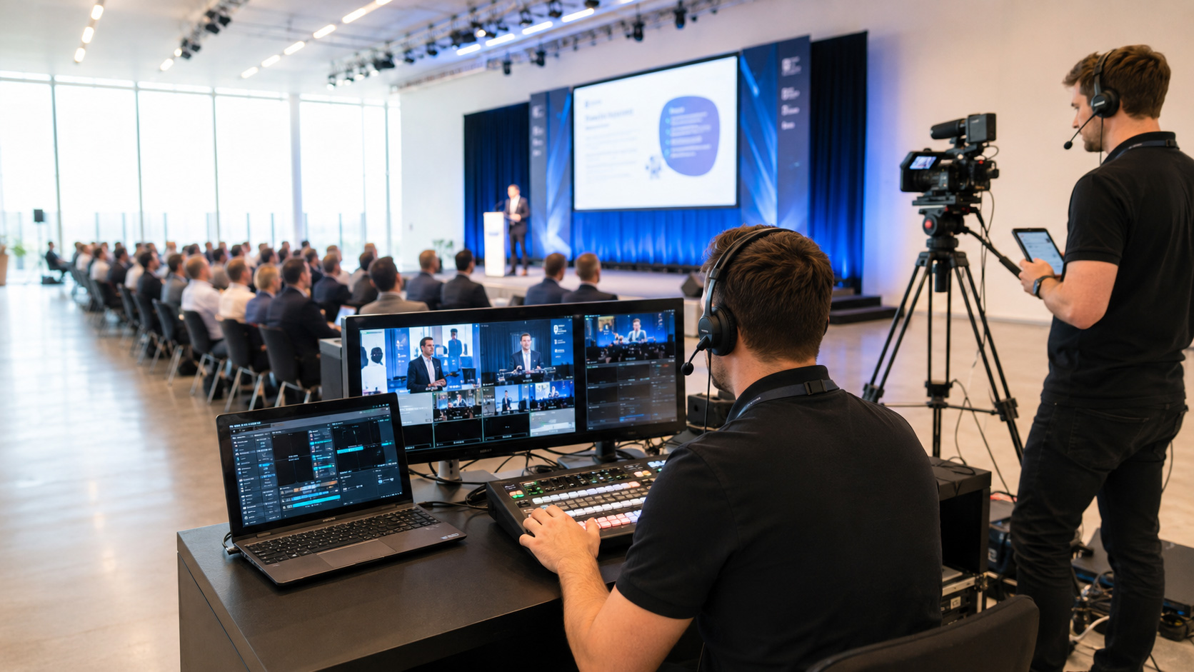 Regieplatz mit Livestreaming-Technik und Kameras bei einer Konferenzproduktion