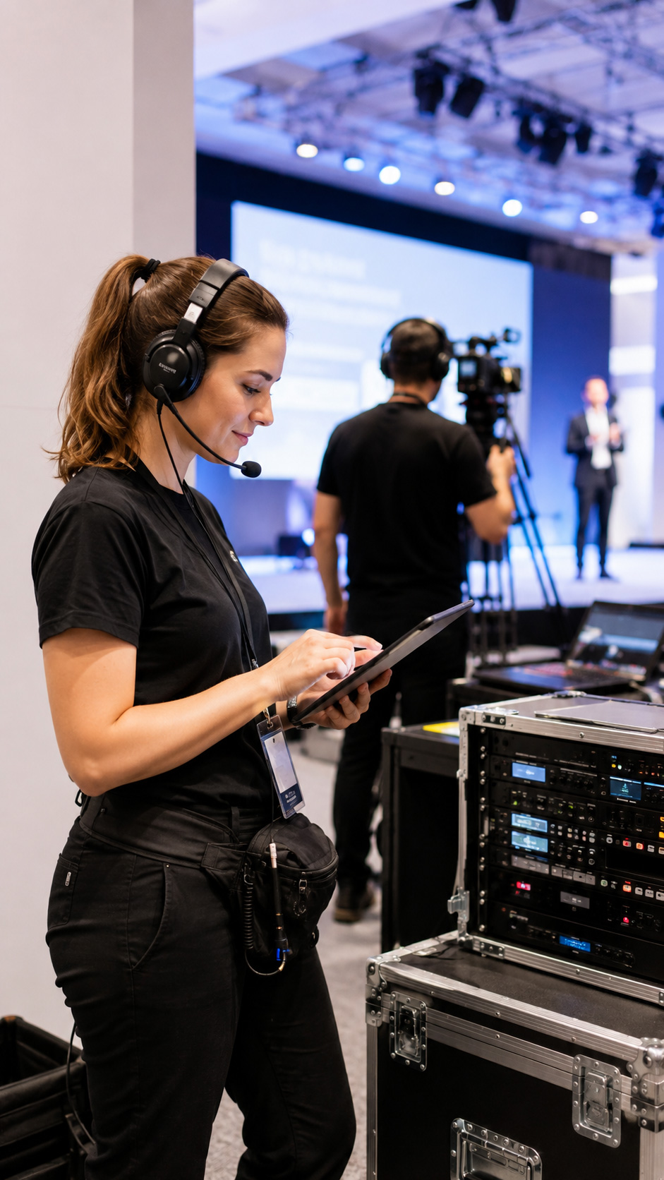 Technikerin nutzt ein Tablet zur Planung von AV- und Broadcast-Technik