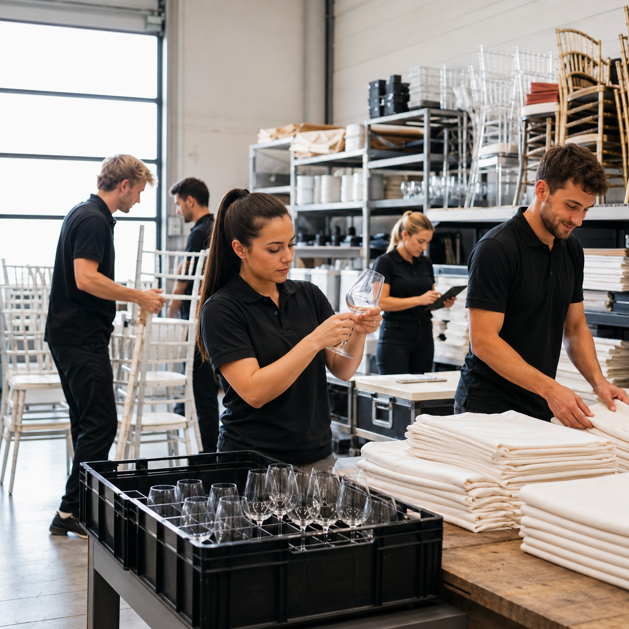 Team kommissioniert Gläser, Stühle und Tischwäsche für eine Veranstaltung im Lager
