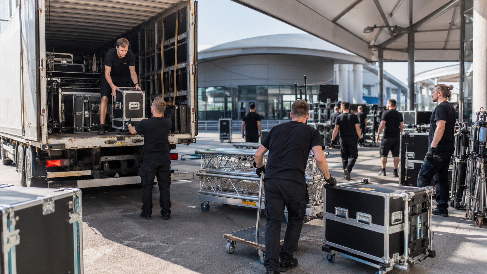 Veranstaltungstechniker bauen Bühne, Licht, Ton und Traversen für ein Event auf
