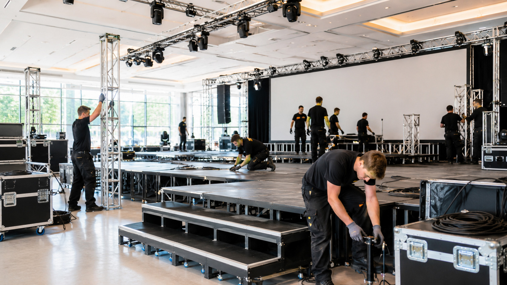Ein großes Team arbeitet am Aufbau einer Bühne und koordiniert Material, Pläne und Technik.