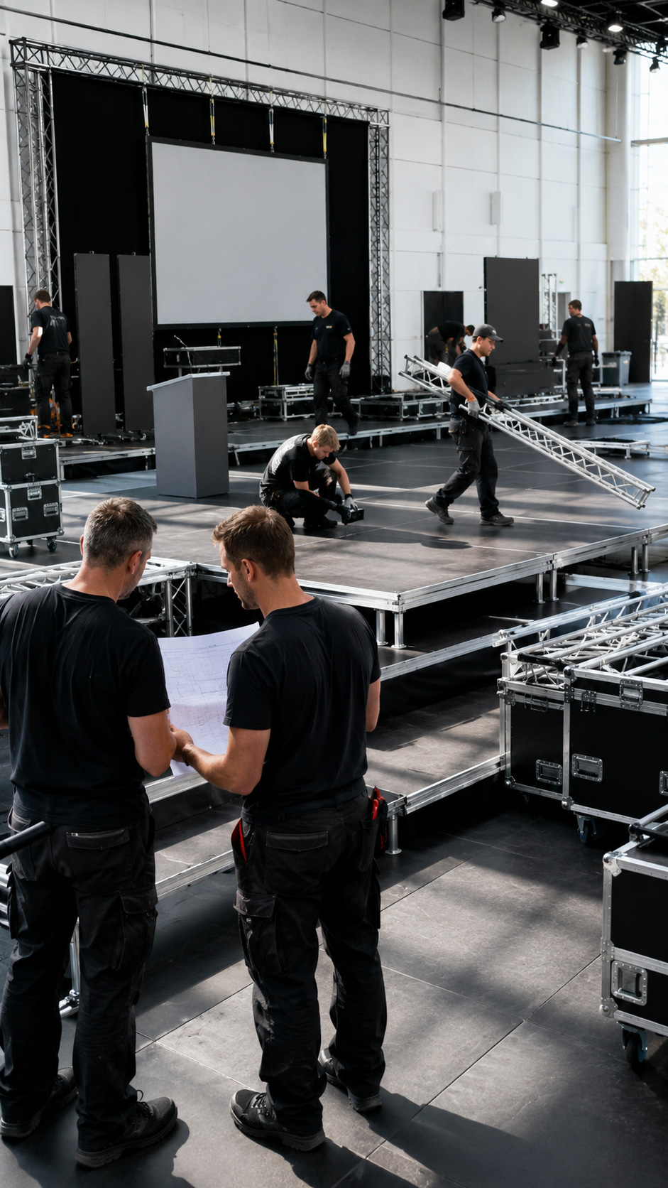 Ein Eventtechnik-Team baut eine Bühne auf und stimmt Material, Aufbaufläche und Ablauf anhand eines Plans ab.