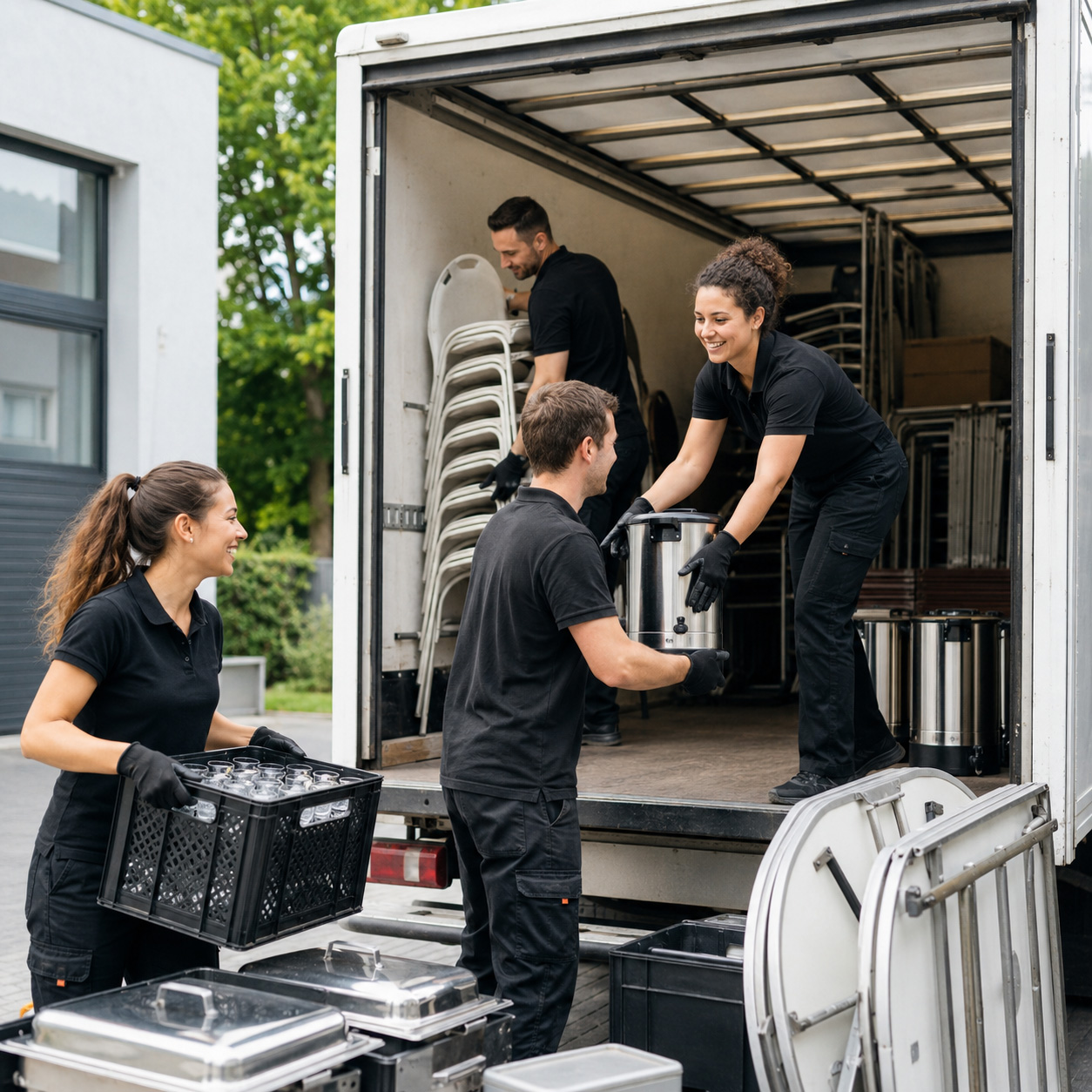 Mitarbeitende laden Gläser, Tische und Catering-Equipment in einen Transporter