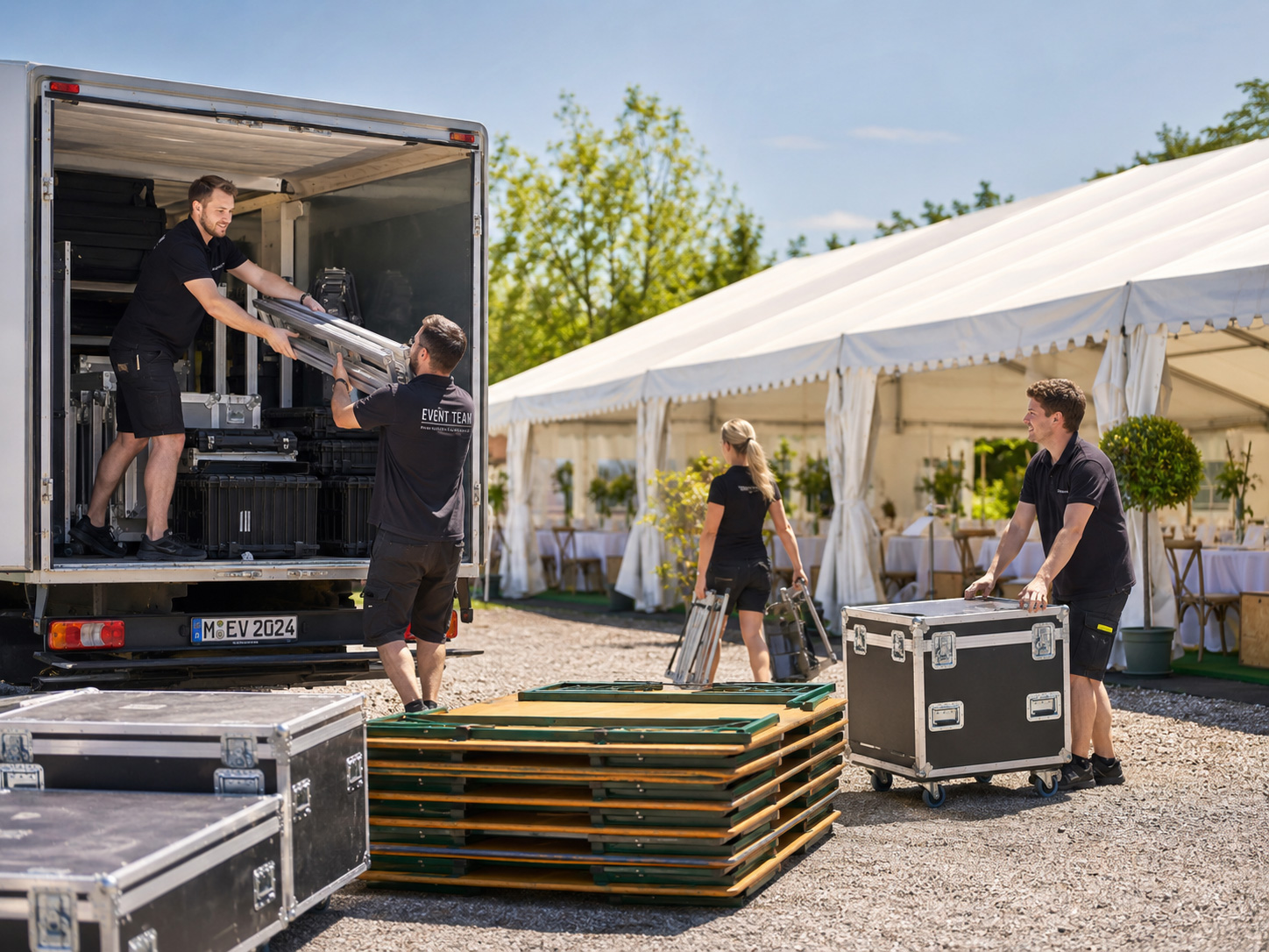 Transporter mit Cases, Klappmöbeln und Ausstattung vor einem Festzelt