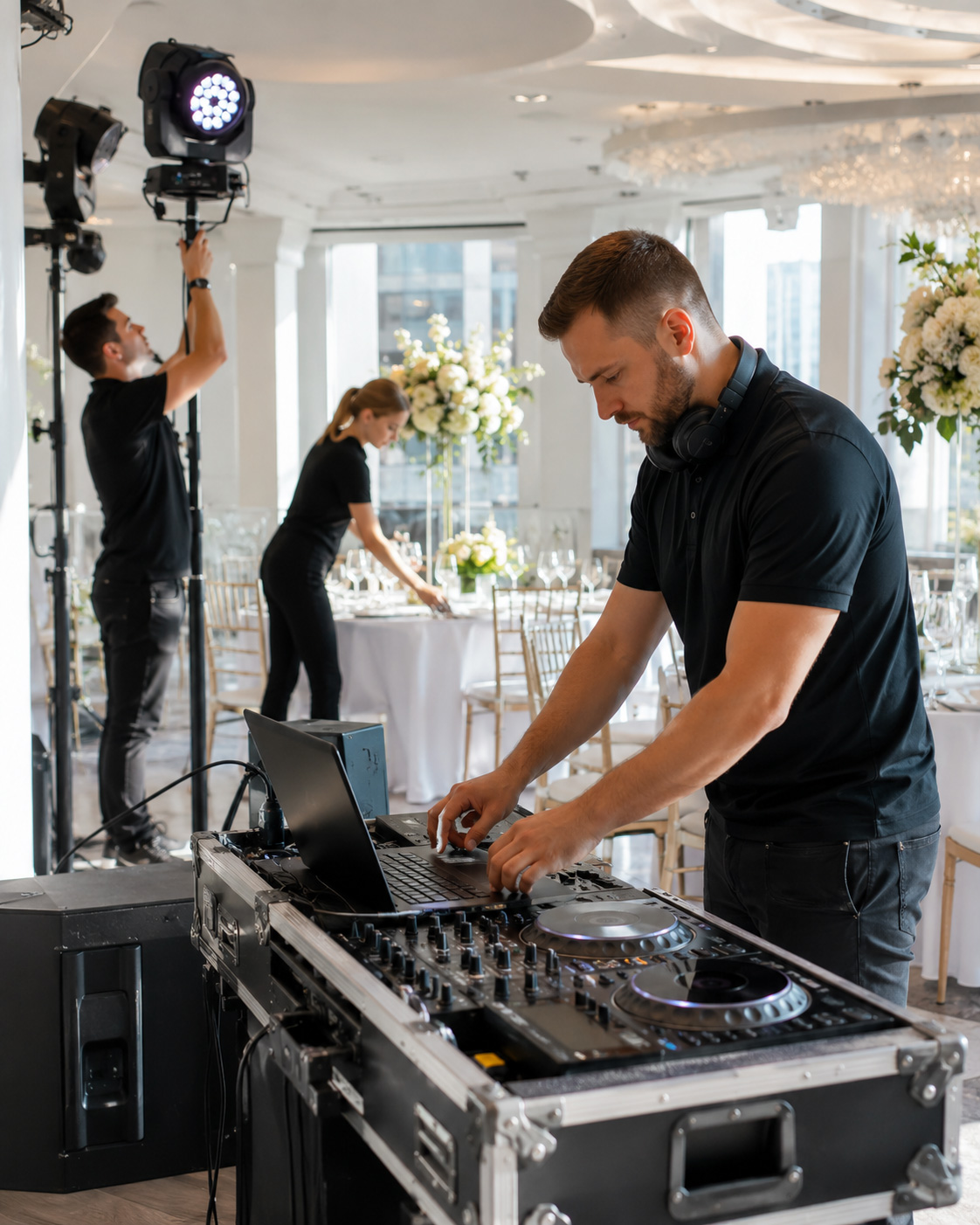 Veranstaltungsteam richtet DJ-Technik und Lichttechnik in einer Hochzeitslocation ein