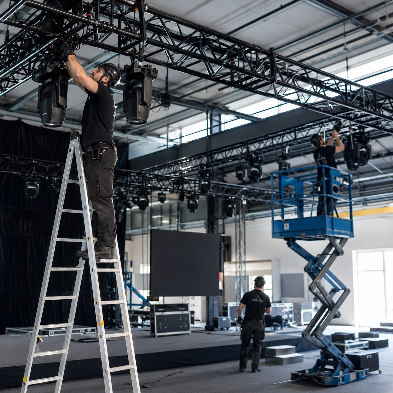 Eventcrew richtet eine Konferenzlocation mit Stühlen, Bühne und Lichttechnik ein