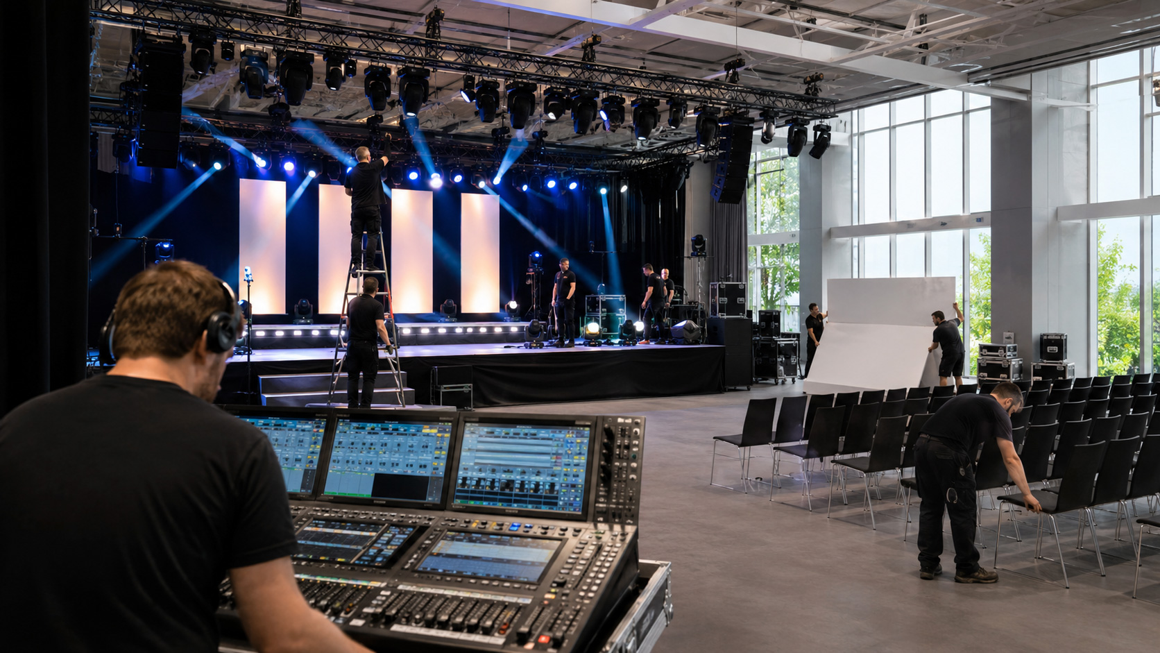 Eventteam bereitet eine Konferenzlocation mit Bühne, Bestuhlung und Lichttechnik vor