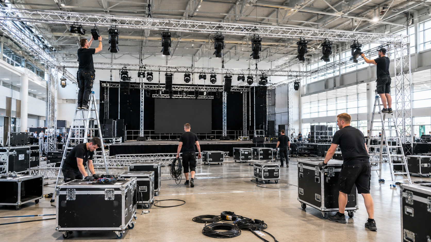 Techniker installieren Lichttechnik an Traversen über einer Bühne in einer großen Eventhalle