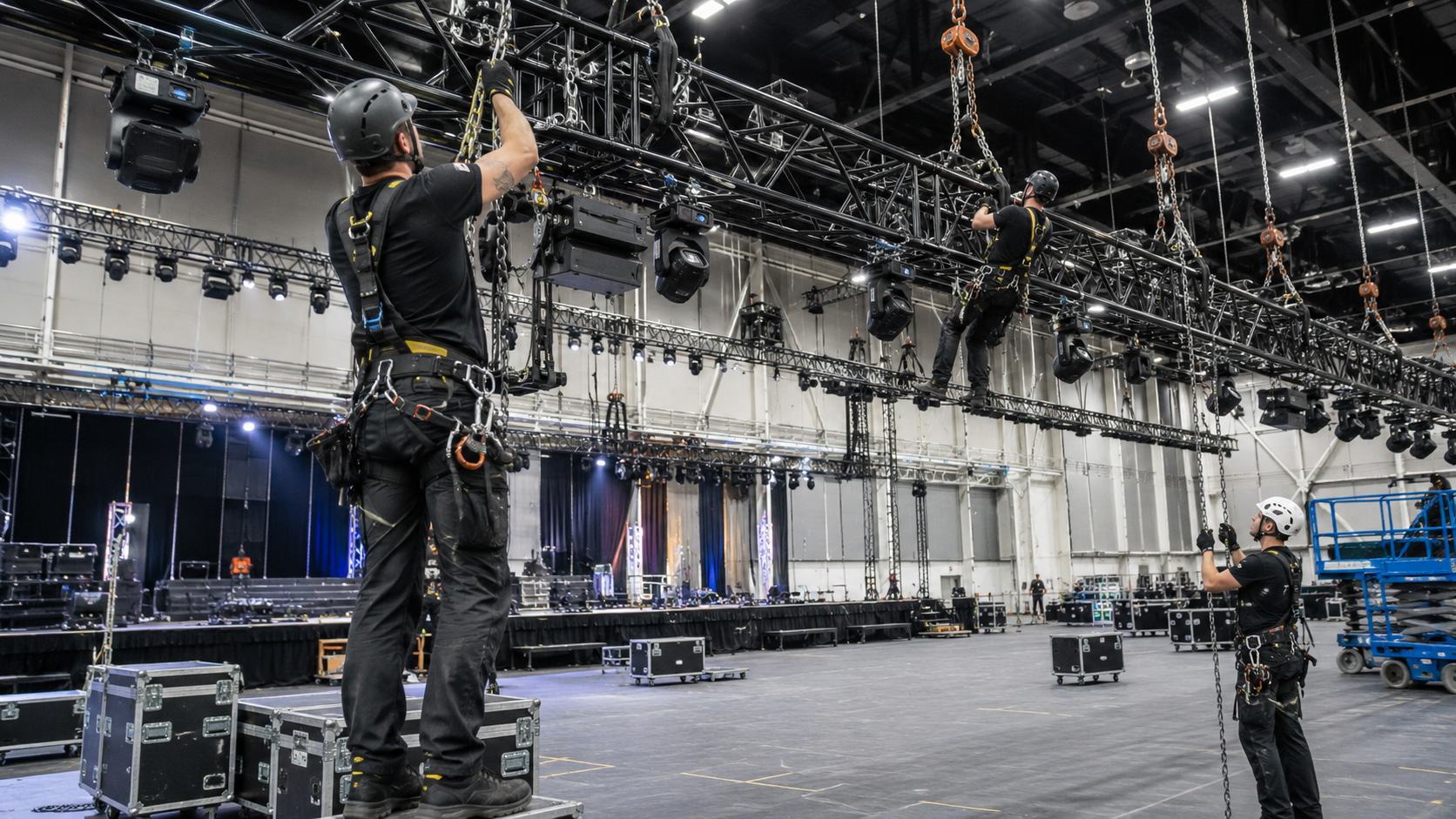 Rigging-Techniker montieren Scheinwerfer an einer Traversenstruktur in einer Eventhalle