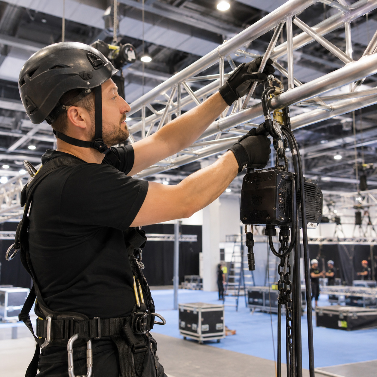Rigging-Techniker befestigt Lichttechnik und Hebezeug an einer Traverse in einer Veranstaltungshalle