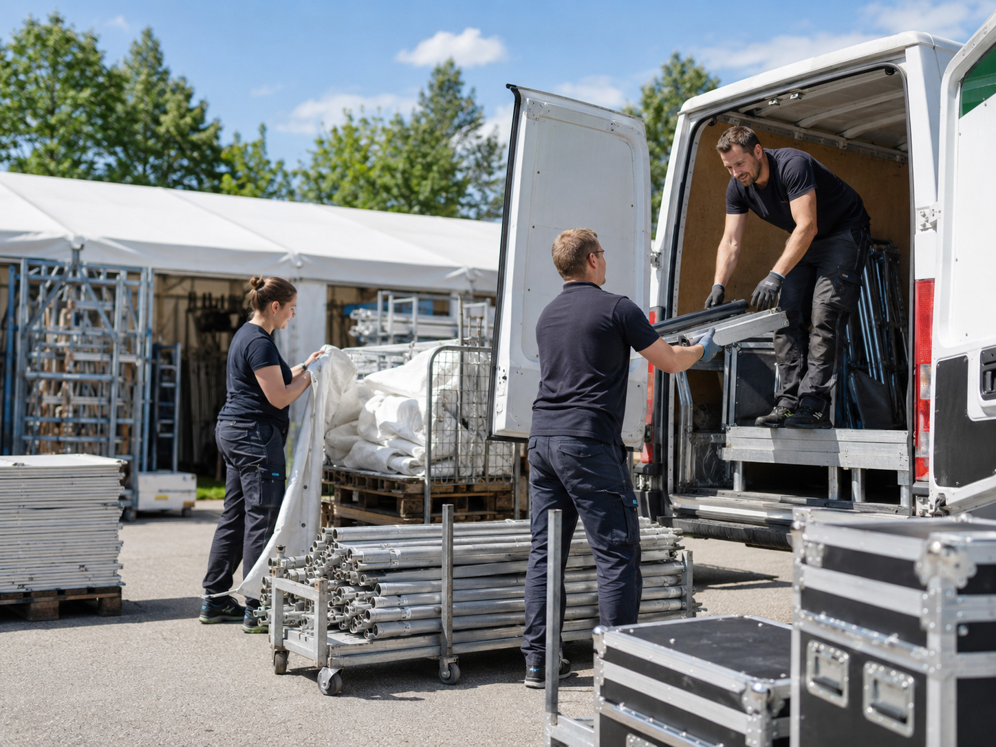 Team baut ein Veranstaltungszelt auf und verteilt Gestänge, Bodenplatten und Material